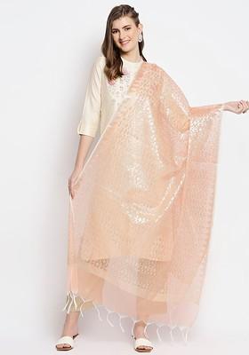 Peach Coloured And Gold Toned Ethnic Motifs Woven Design Dupatta With Zari