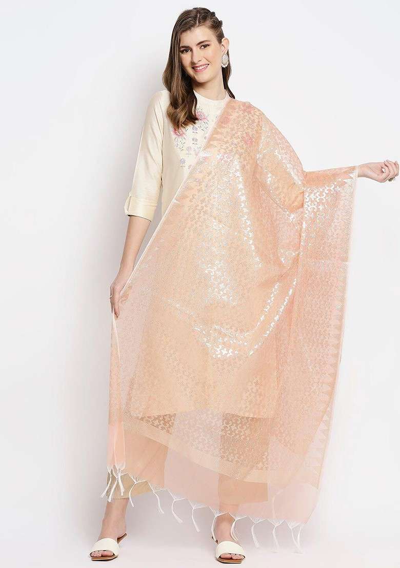 Peach Coloured And Gold Toned Ethnic Motifs Woven Design Dupatta With Zari - Indya