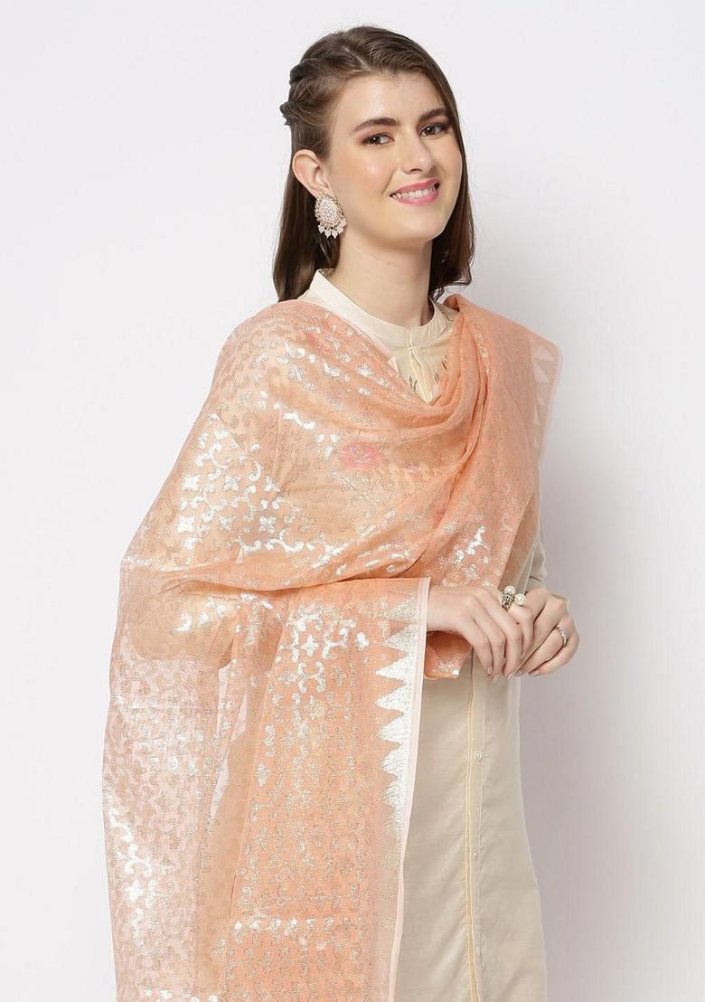 Peach Coloured And Gold Toned Ethnic Motifs Woven Design Dupatta With Zari