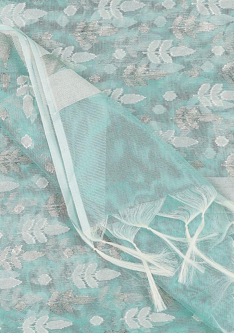 Sea Green And Silver Ethnic Motifs Woven Design Banarasi Dupatta With Zari
