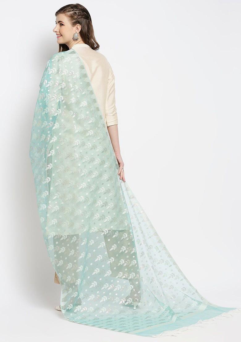 Sea Green And Silver Ethnic Motifs Woven Design Banarasi Dupatta With Zari
