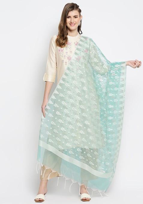 Sea Green And Silver Ethnic Motifs Woven Design Banarasi Dupatta With Zari