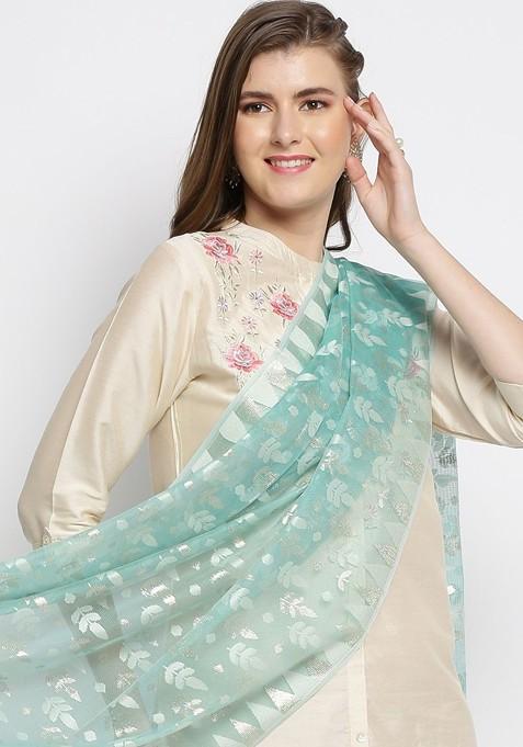 Sea Green And Silver Ethnic Motifs Woven Design Banarasi Dupatta With Zari