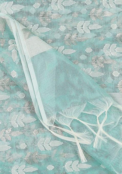 Sea Green And Silver Ethnic Motifs Woven Design Banarasi Dupatta With Zari