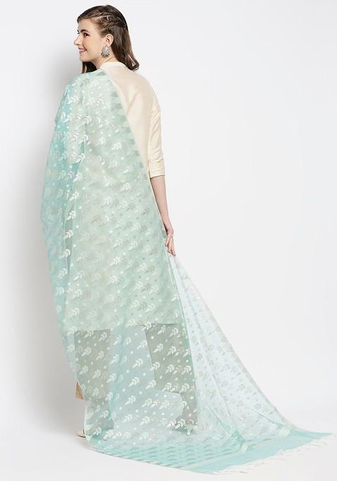 Sea Green And Silver Ethnic Motifs Woven Design Banarasi Dupatta With Zari