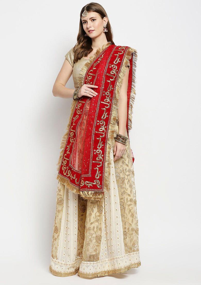 Red And Gold Toned Ethnic Motifs Embroidered Dupatta With Beads And Stones