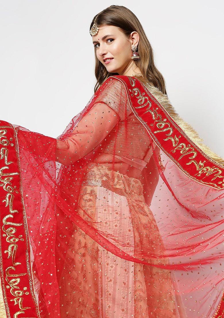Red And Gold Toned Ethnic Motifs Embroidered Dupatta With Beads And Stones