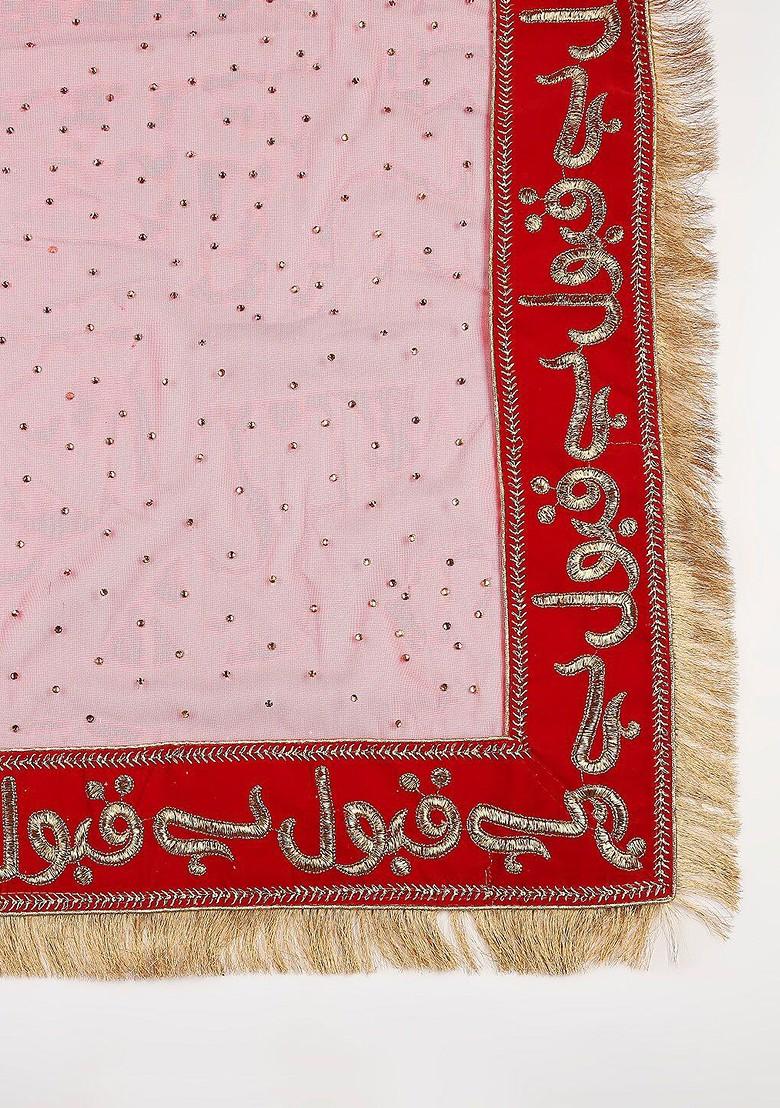 Red And Gold Toned Ethnic Motifs Embroidered Dupatta With Beads And Stones