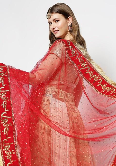 Red And Gold Toned Ethnic Motifs Embroidered Dupatta With Beads And Stones