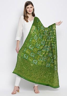 Olive Green And Blue Woven Design Tie And Dye Dupatta