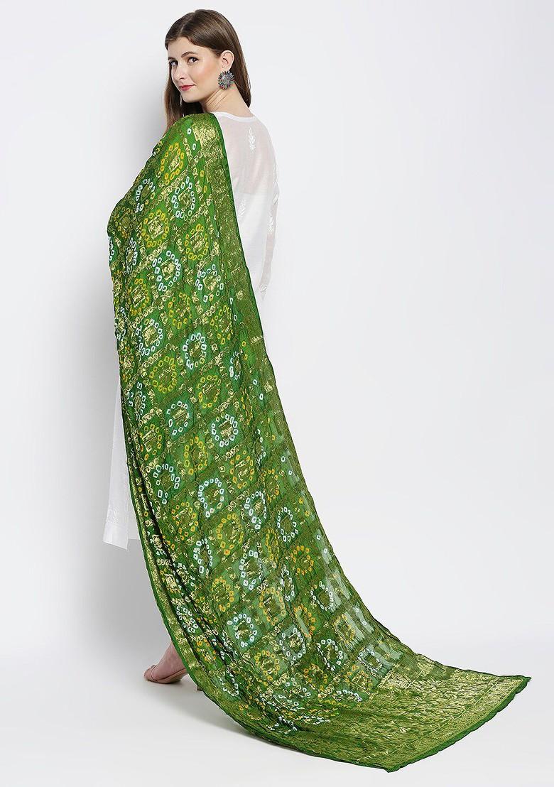 Olive Green And Blue Woven Design Tie And Dye Dupatta