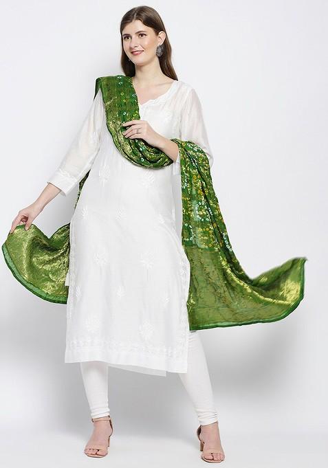 Olive Green And Blue Woven Design Tie And Dye Dupatta