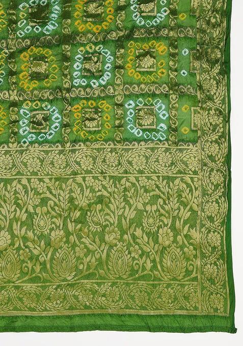 Olive Green And Blue Woven Design Tie And Dye Dupatta