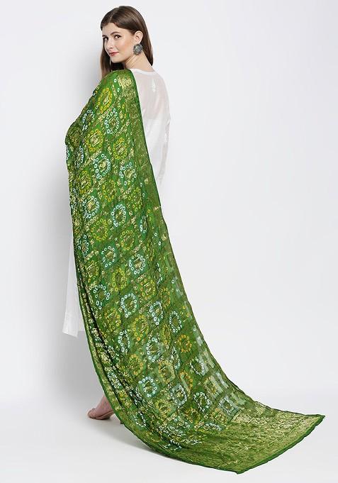 Olive Green And Blue Woven Design Tie And Dye Dupatta