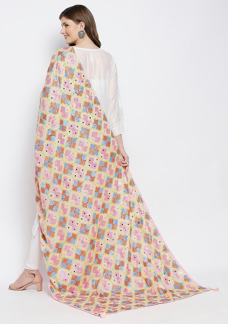 Pink And Blue Embroidered Dupatta
