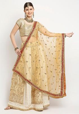 Gold Toned And Red Ethnic Motifs Embroidered Dupatta With Zardozi