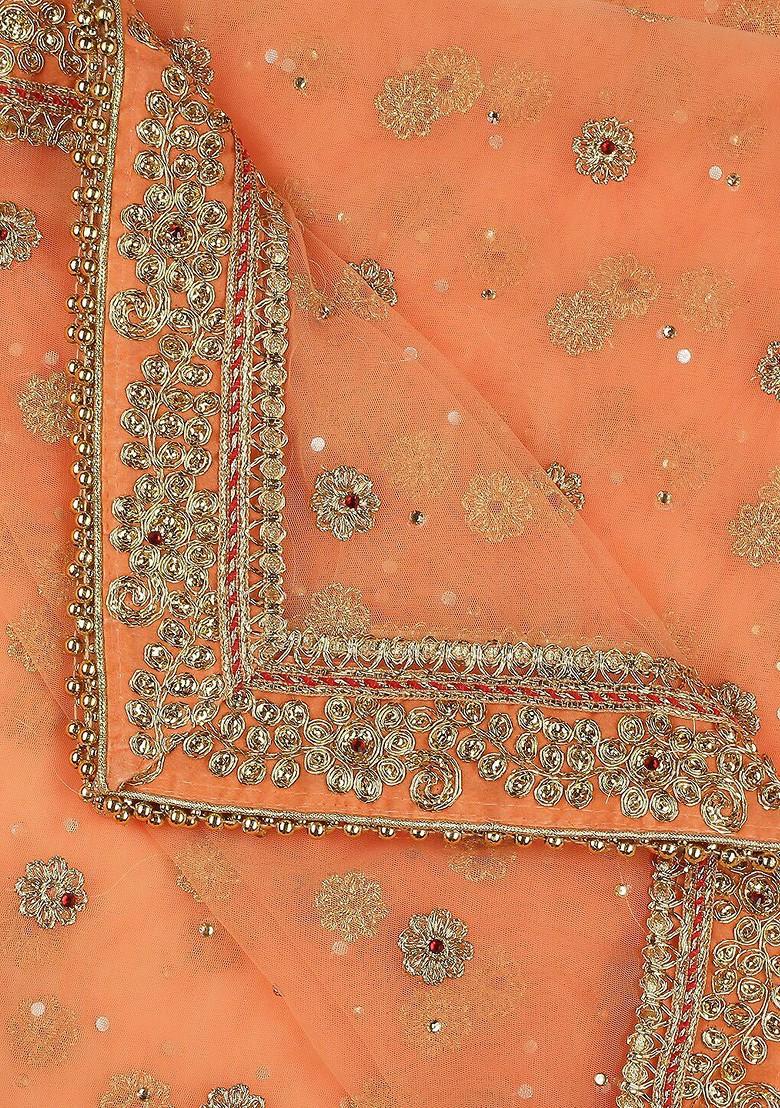 Peach Coloured Embroidered Dupatta