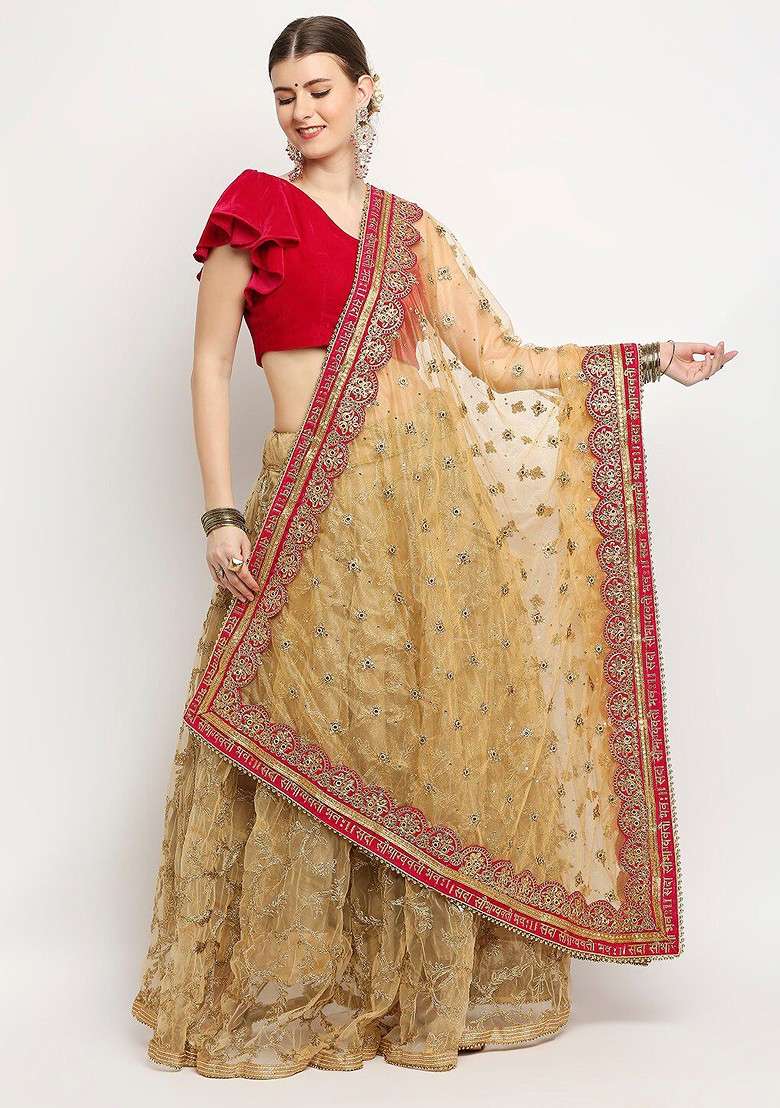 Gold Toned And Pink Ethnic Motifs Embroidered Dupatta - Indya