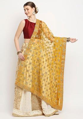 Mustard Ethnic Motifs Embroidered Dupatta With Zardozi