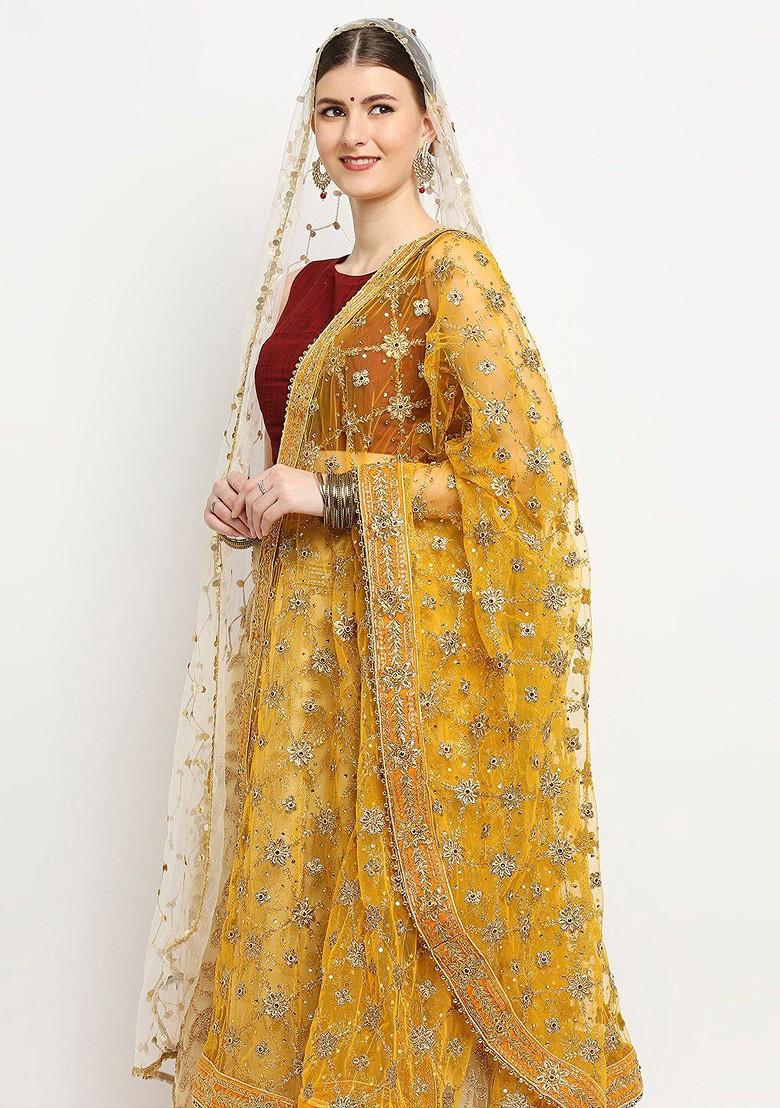 Mustard Ethnic Motifs Embroidered Dupatta With Zardozi