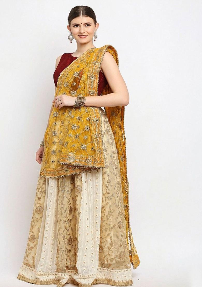 Mustard Ethnic Motifs Embroidered Dupatta With Zardozi