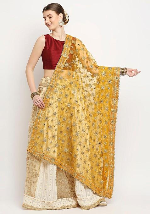 Mustard Ethnic Motifs Embroidered Dupatta With Zardozi