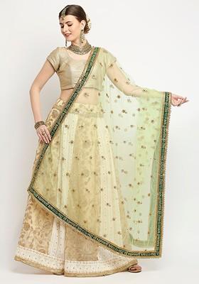 Green Ethnic Motifs Embroidered Dupatta With Zardozi