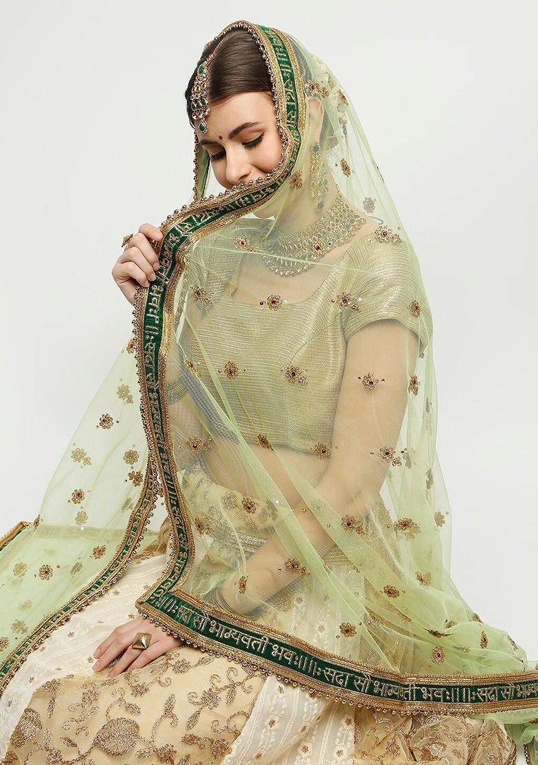 Green Ethnic Motifs Embroidered Dupatta With Zardozi