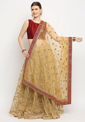 Gold Toned And Red Ethnic Motifs Embroidered Dupatta