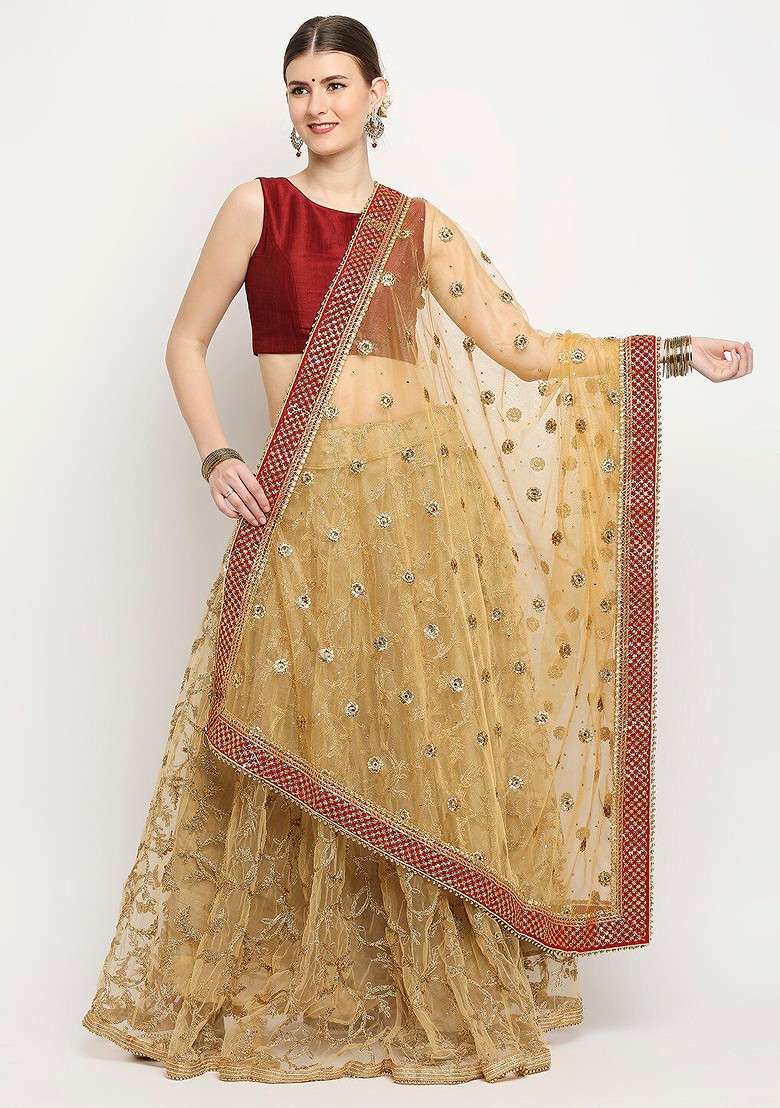 Gold Toned And Red Ethnic Motifs Embroidered Dupatta - Indya