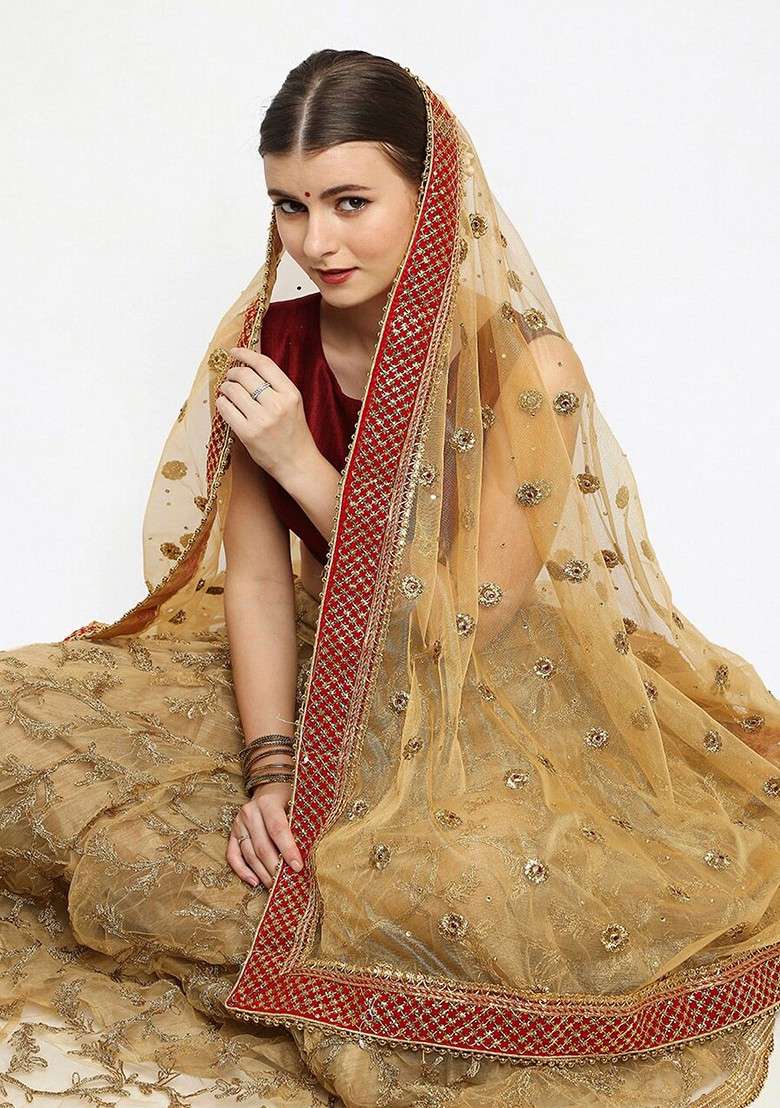 Gold Toned And Red Ethnic Motifs Embroidered Dupatta - Indya