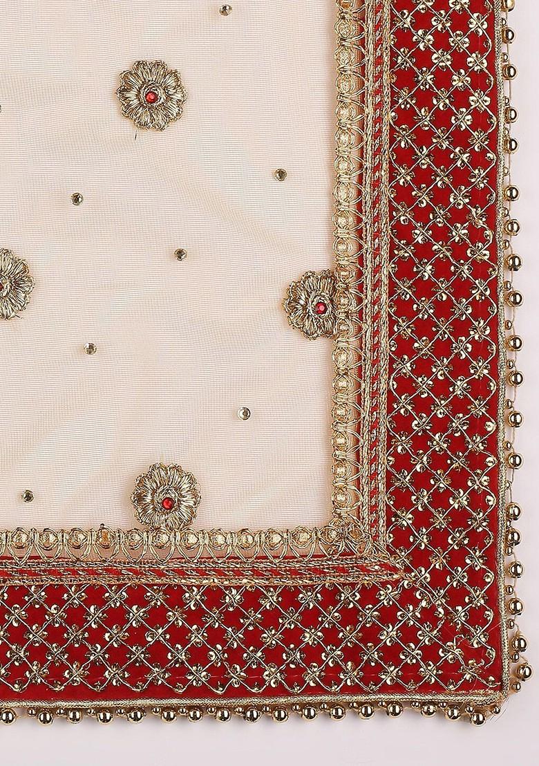 Gold Toned And Red Ethnic Motifs Embroidered Dupatta