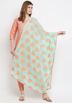 Sea Green And Orange Ethnic Motifs Embroidered Dupatta