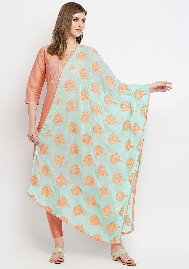 Sea Green And Orange Ethnic Motifs Embroidered Dupatta