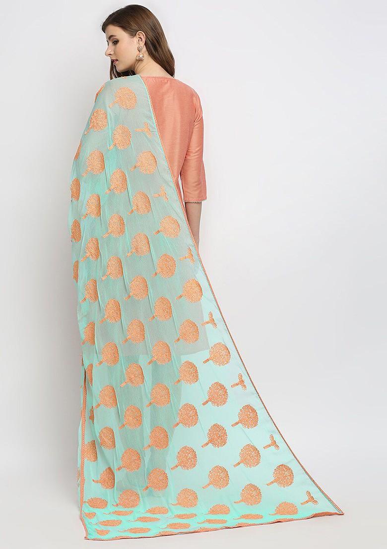 Sea Green And Orange Ethnic Motifs Embroidered Dupatta