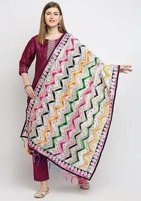 White And Pink Ethnic Motifs Embroidered Dupatta With Sequinned