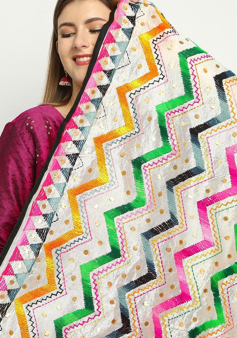 White And Pink Ethnic Motifs Embroidered Dupatta With Sequinned