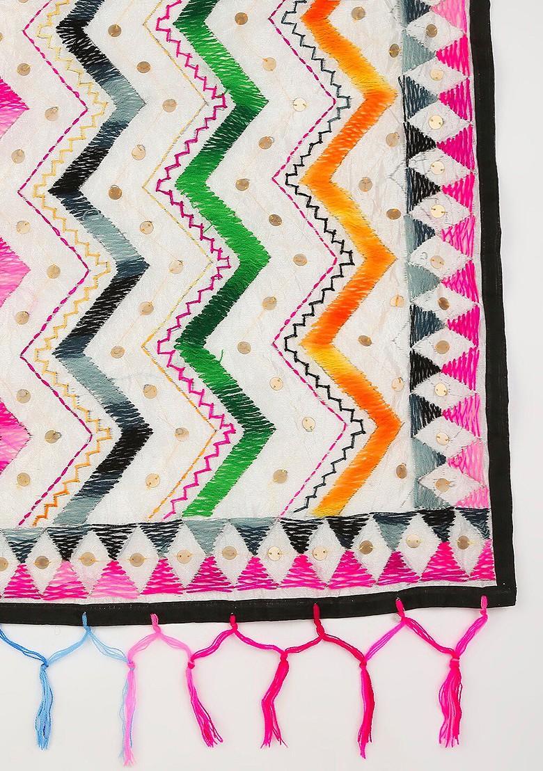 White And Pink Ethnic Motifs Embroidered Dupatta With Sequinned