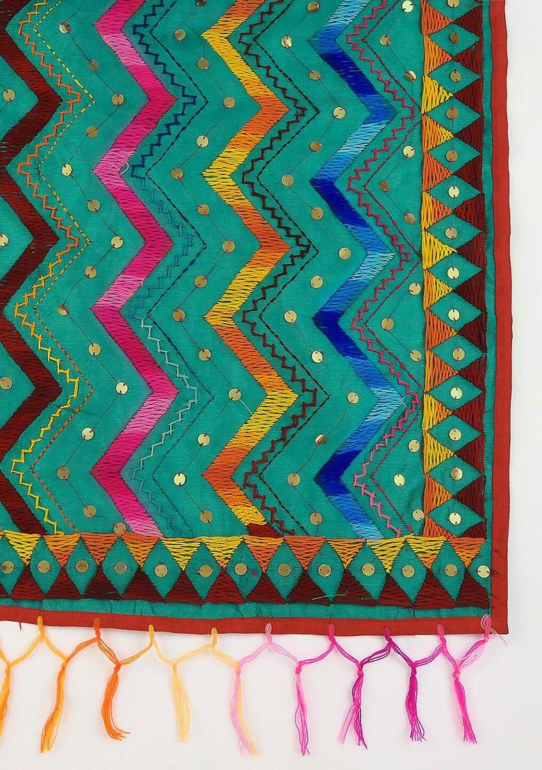 Teal And Pink Ethnic Motifs Embroidered Dupatta With Beads And Stones