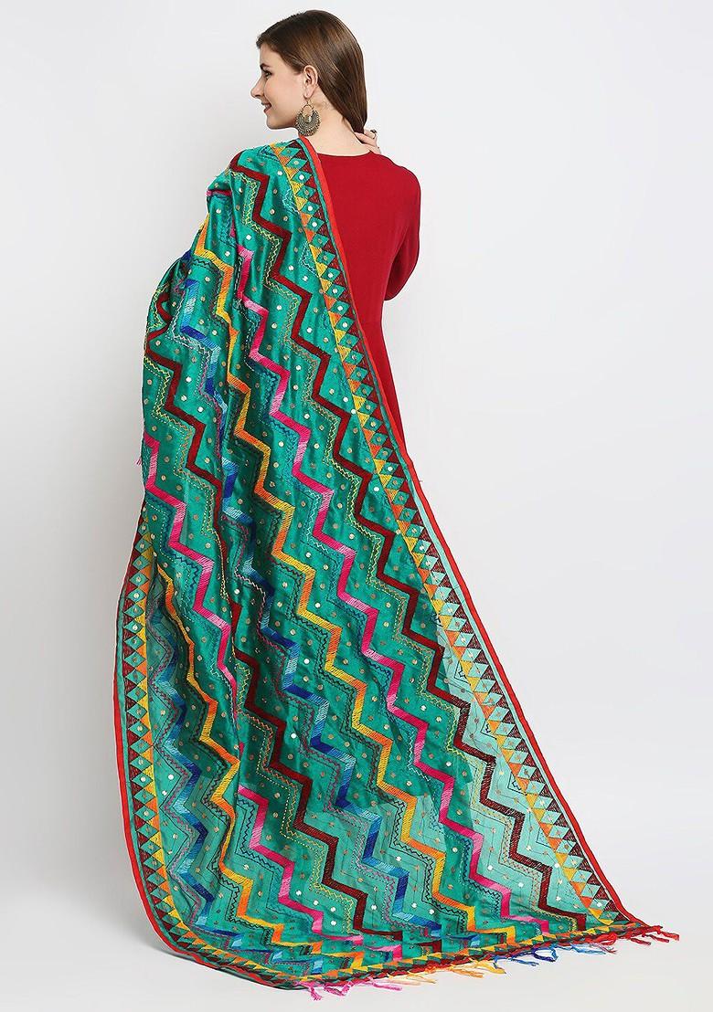 Teal And Pink Ethnic Motifs Embroidered Dupatta With Beads And Stones