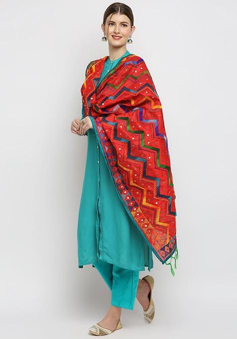 Multicoloured Ethnic Motifs Embroidered Dupatta