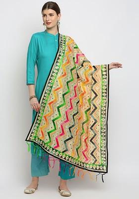 Gold Toned And Green Ethnic Motifs Embroidered Dupatta With Beads And Stones