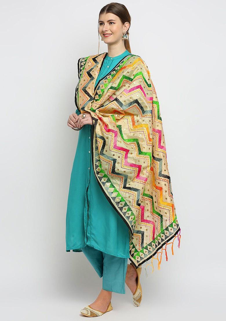 Gold Toned And Green Ethnic Motifs Embroidered Dupatta With Beads And Stones