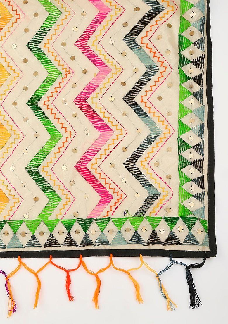 Gold Toned And Green Ethnic Motifs Embroidered Dupatta With Beads And Stones