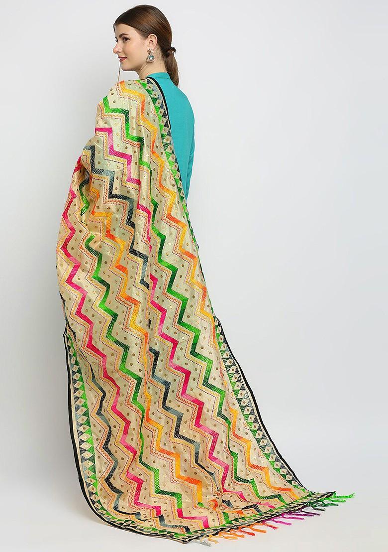 Gold Toned And Green Ethnic Motifs Embroidered Dupatta With Beads And Stones