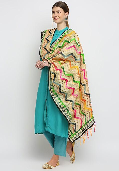 Gold Toned And Green Ethnic Motifs Embroidered Dupatta With Beads And Stones