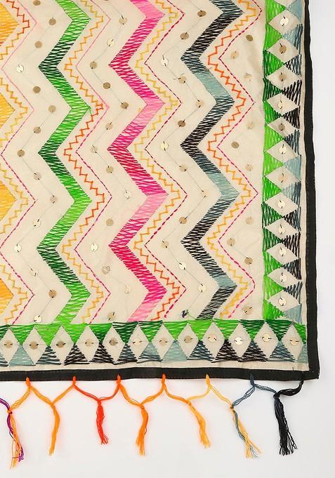 Gold Toned And Green Ethnic Motifs Embroidered Dupatta With Beads And Stones