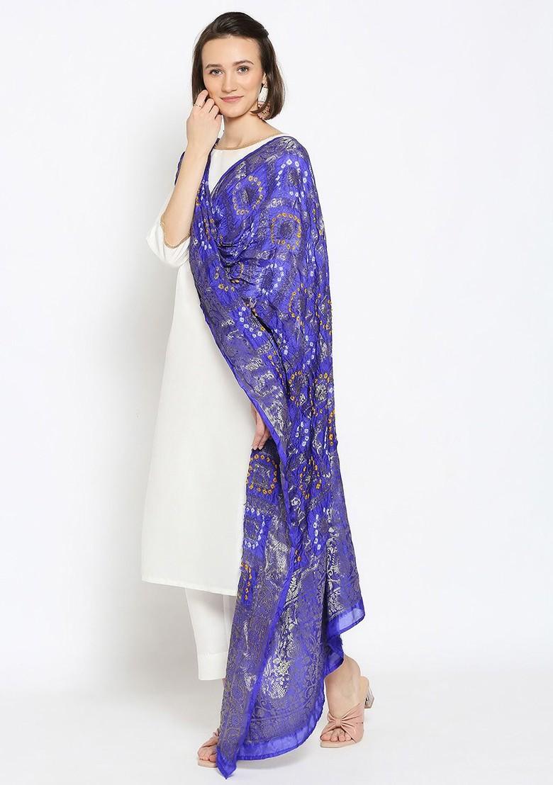 Blue And Silver Toned Gharchola Banarasi Silk Bandhani Dupatta