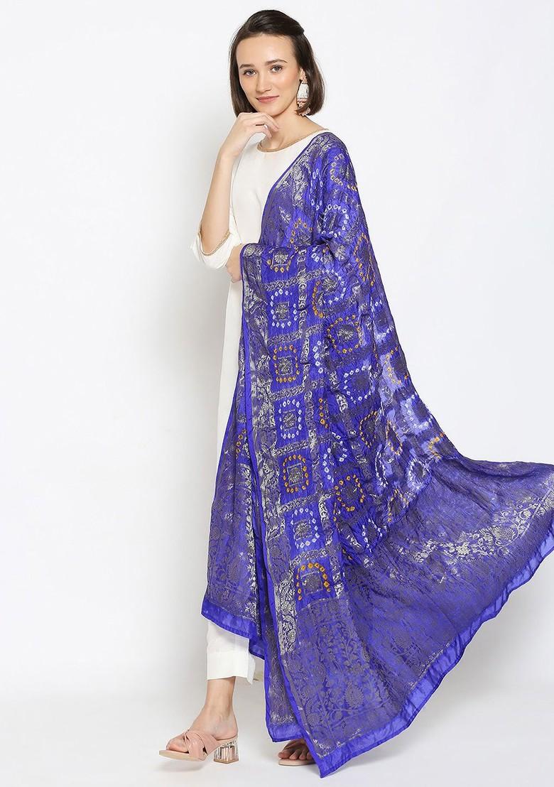 Blue And Silver Toned Gharchola Banarasi Silk Bandhani Dupatta