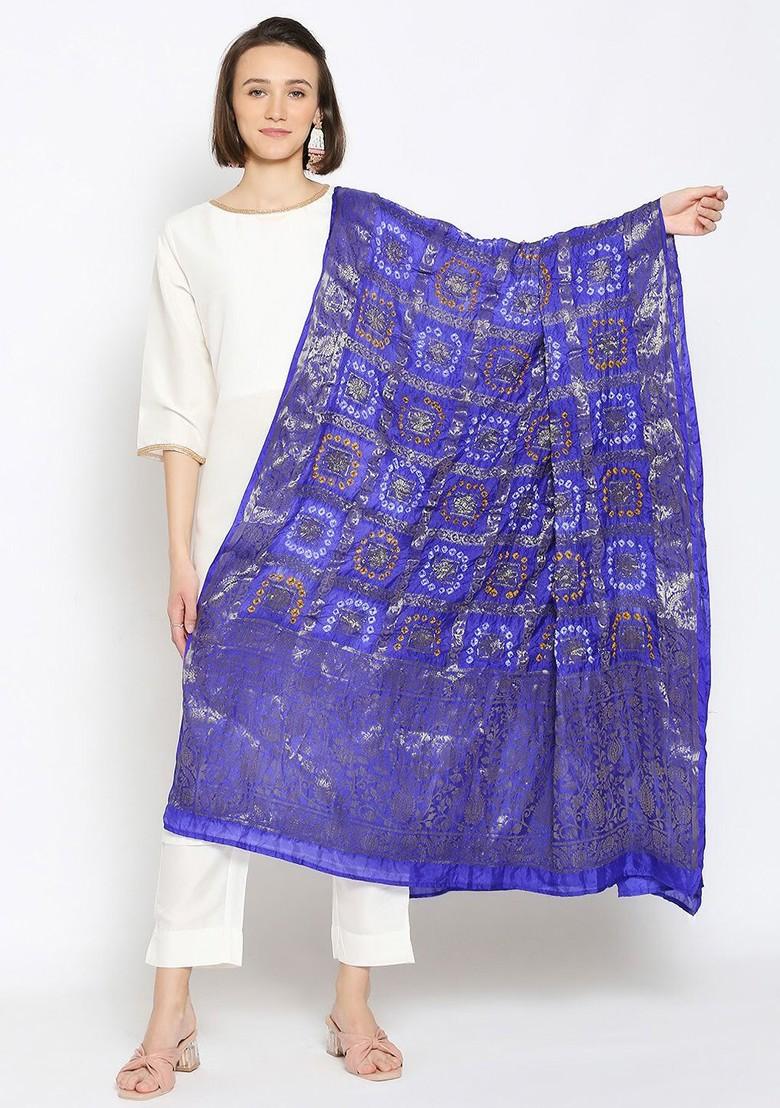 Blue And Silver Toned Gharchola Banarasi Silk Bandhani Dupatta